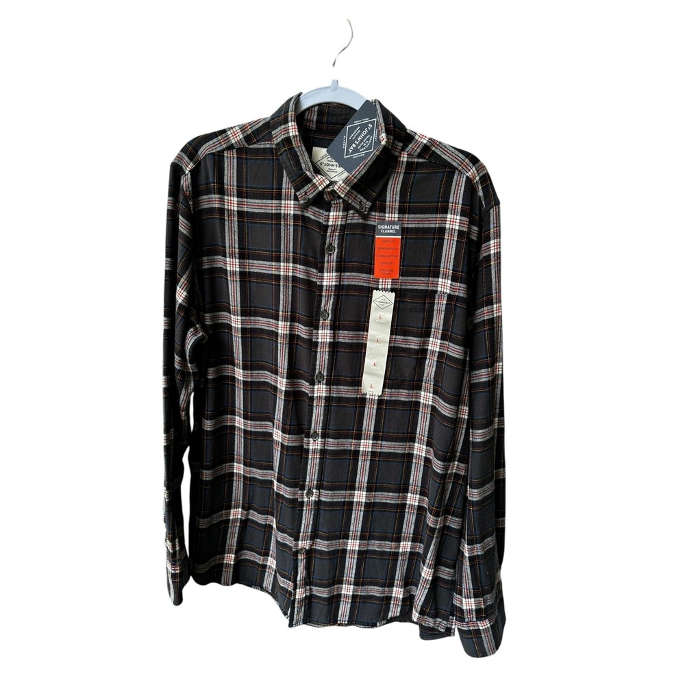 St. John's Bay Flannel‎ Shirt Mens Large Grey Multi Plaid Cotton Button Down NEW